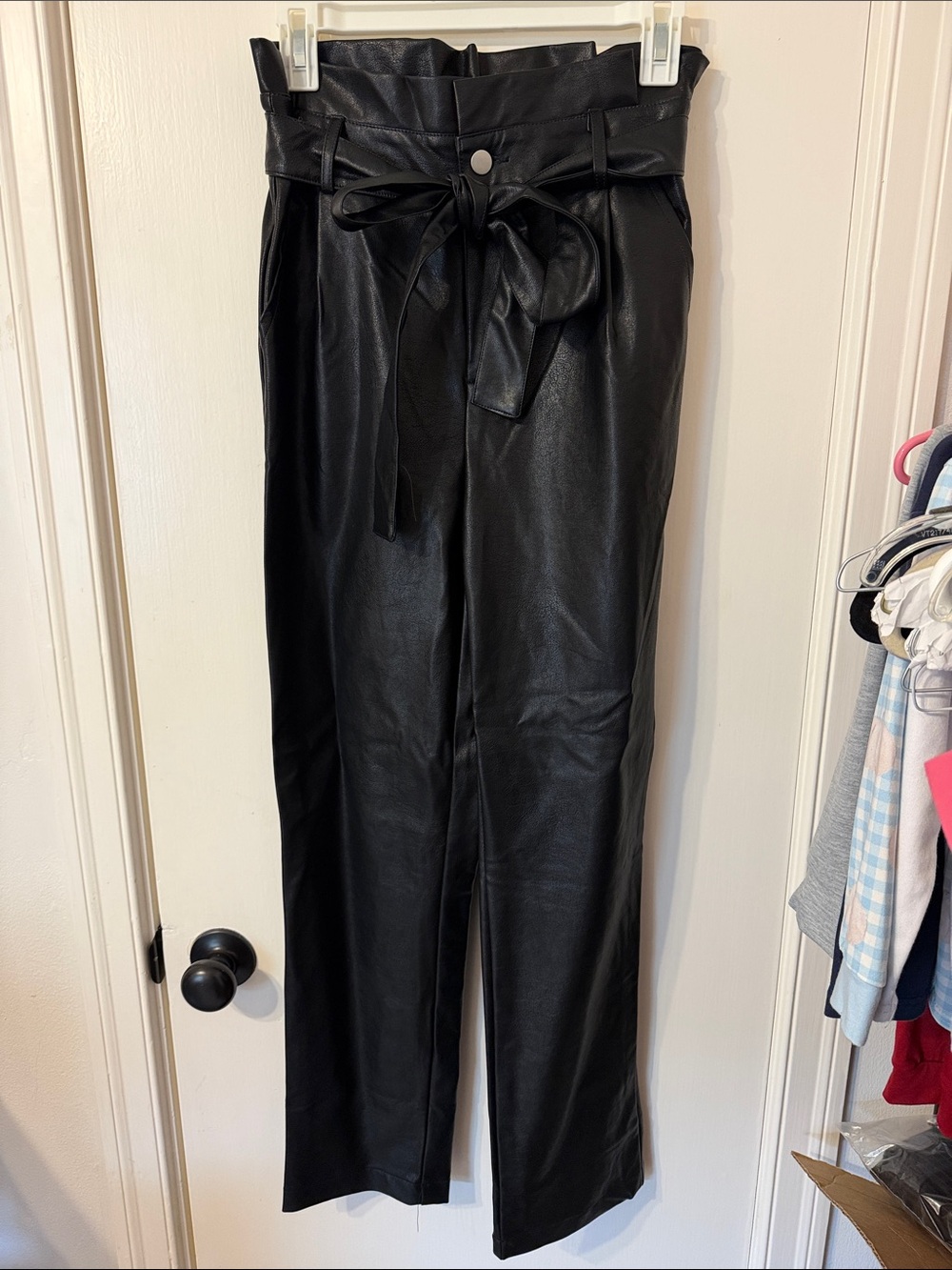 The Post S Black Faux Leather High-Waist Paperbag Pants with Tie